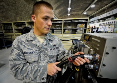 Senior Airman Scott Brosam attaches the input power for running the F-15 Strike Eagle multi-purpose display, June 5, 2013, at the 379th Air Expeditionary Wing in Southwest Asia. Brosam is a 379th Expeditionary Maintenance Squadron F-15 avionics technician deployed from Mountain Home Air Force Base, Idaho. (U.S. Air Force photo/Senior Airman Benjamin Stratton)