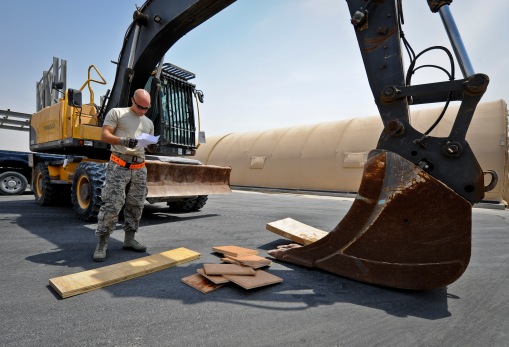Staff Sgt. Adam Rozehnal checks to make sure an excavator has the proper blocking before it is loaded onto a C-17 Globemaster III at the 379th Air Expeditionary Wing in Southwest Asia, July 17, 2013. Rozehnal is an 8th Expeditionary Air Mobility Squadron air transportation supervisor deployed from Joint Base McGuire-Dix-Lakehurst, N.J. (U.S. Air Force photo/Senior Airman Benjamin Stratton)